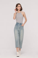 Elastic Waistband Cropped Straight Jeans