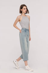 Elastic Waistband Cropped Straight Jeans