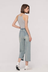 Elastic Waistband Cropped Straight Jeans