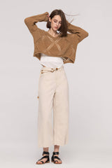 Braided Belted Wide Leg White Jeans