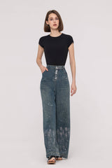 High-Waist Foil Print Wide Leg Jeans