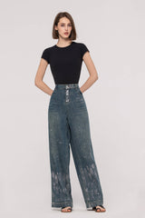 High-Waist Foil Print Wide Leg Jeans