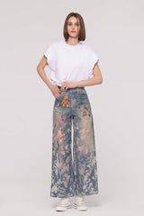 3D Printed Burn-Out Wide Leg Jeans