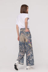 3D Printed Burn-Out Wide Leg Jeans