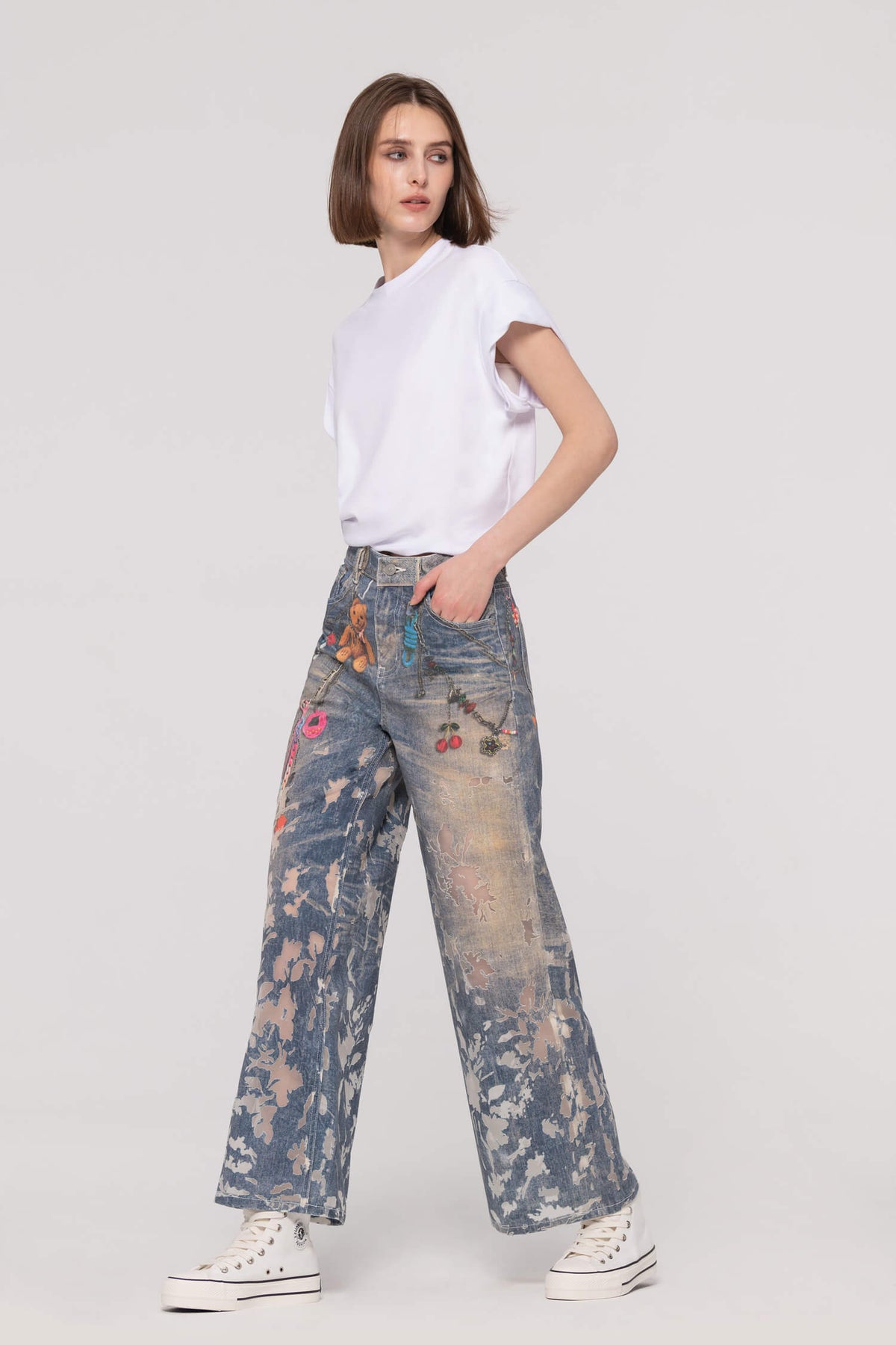 3D Printed Burn-Out Wide Leg Jeans