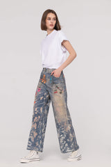 3D Printed Burn-Out Wide Leg Jeans