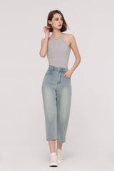 Elastic Waistband Cropped Straight Jeans