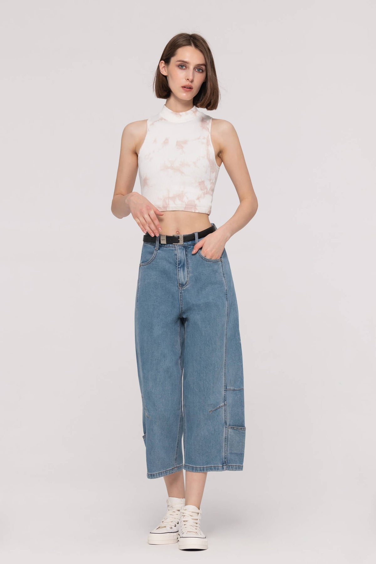 Belted Wide Leg Cropped Jeans
