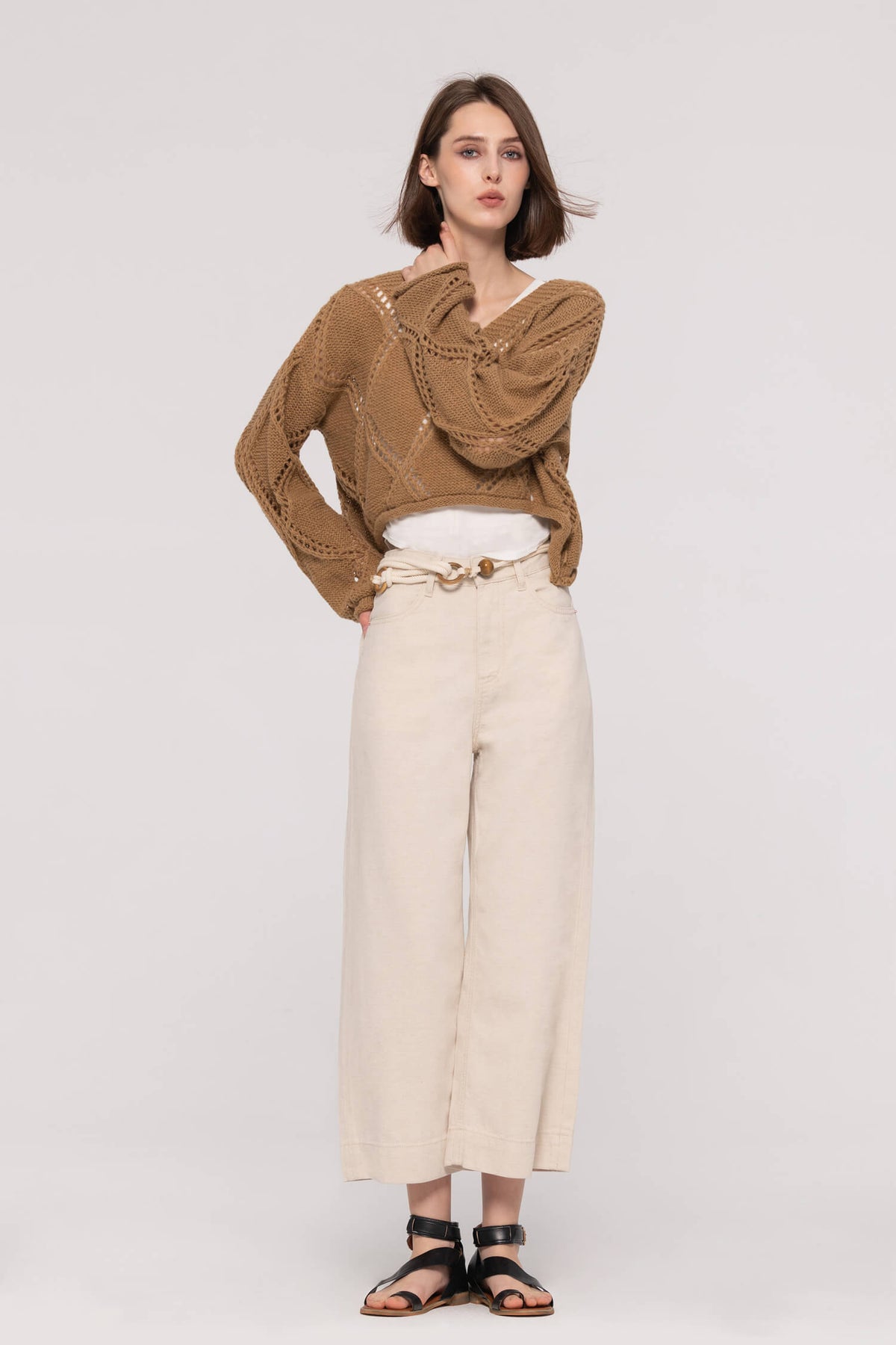 Braided Belted Wide Leg White Jeans