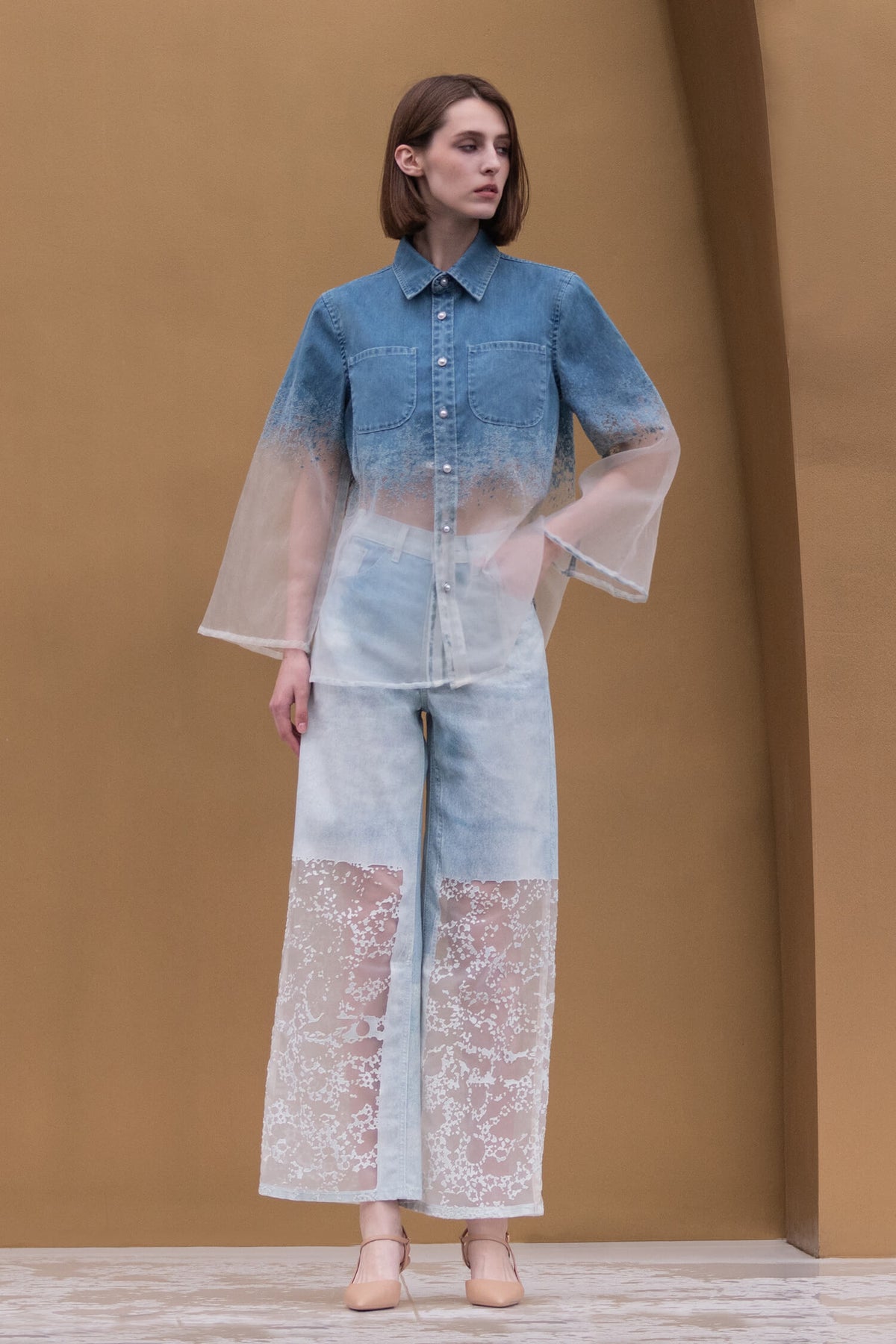 Light Blue Burn-Out Wide Leg Jeans