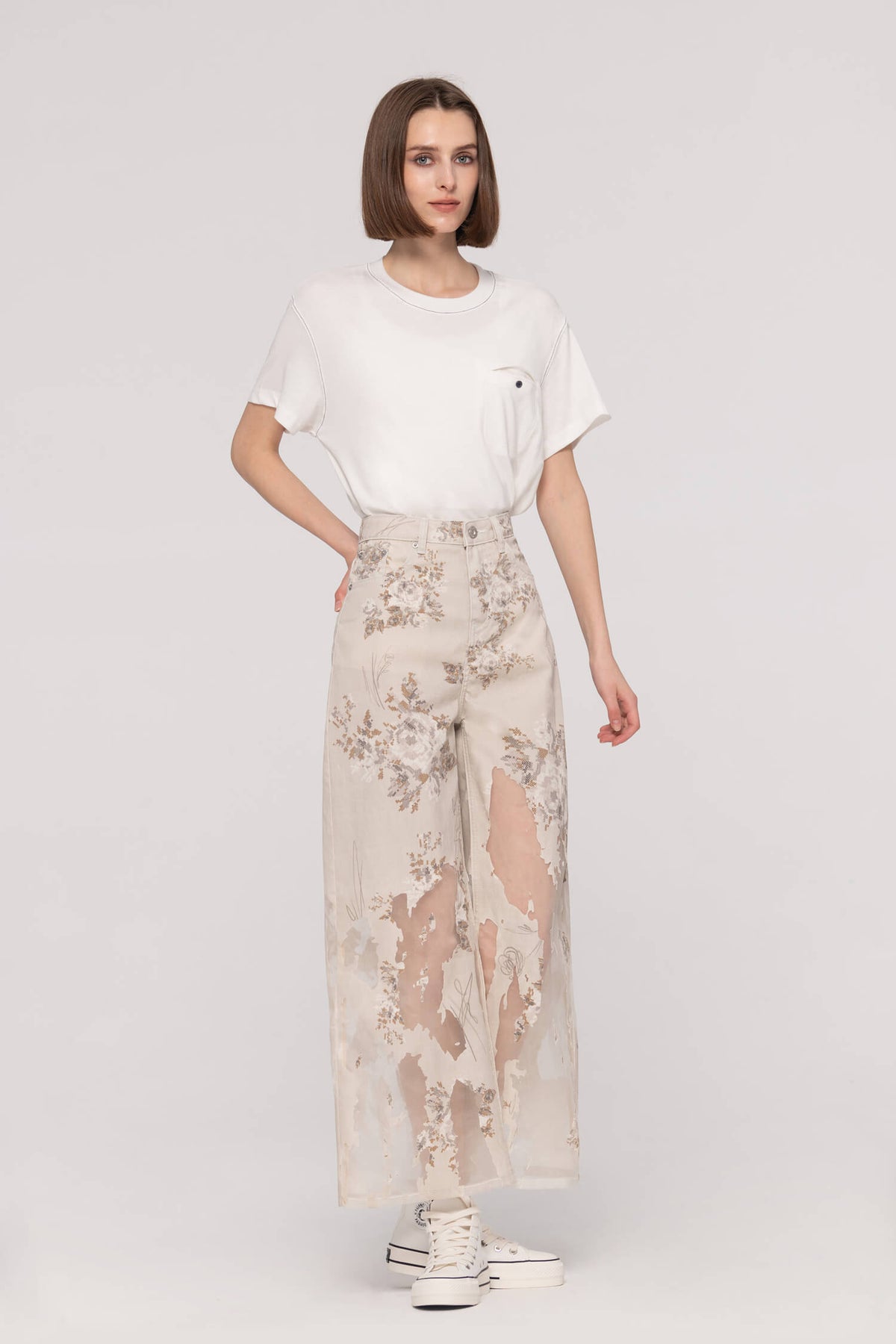 Printed Burn-Out Wide Leg Jeans