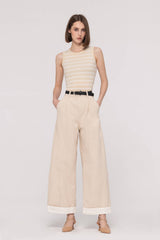 High-Rise Beige Wide-Leg Cropped Jeans with Belt