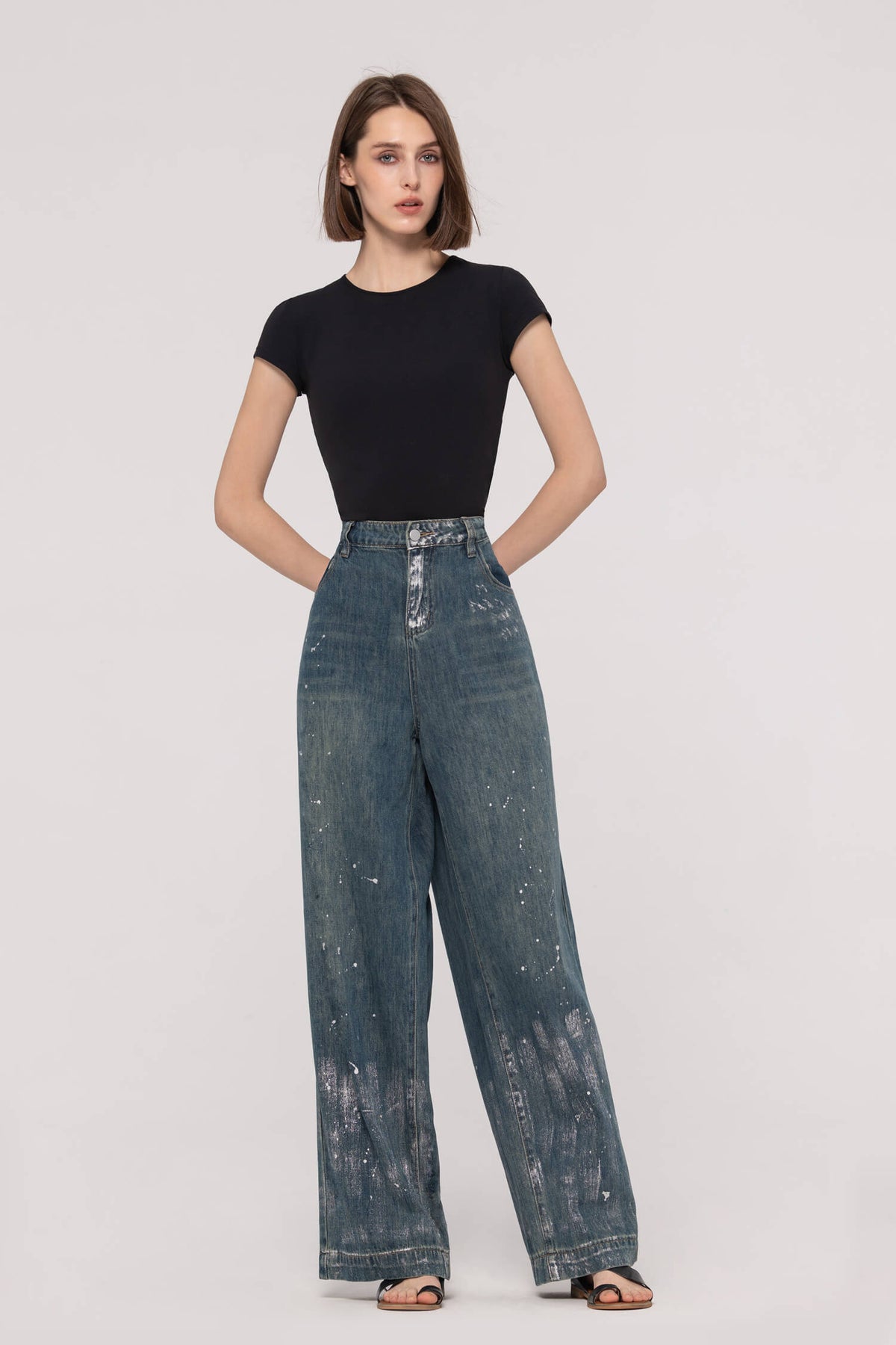 High-Waist Foil Print Wide Leg Jeans